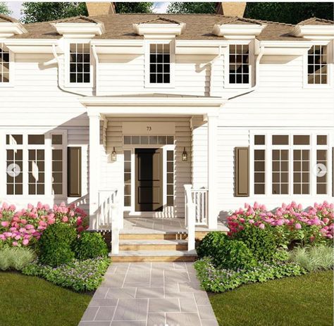 White Colonial House Landscaping, Victorian Front Yard Landscaping, Traditional Home Landscaping Front Yards, Landscaping Traditional Home, Boxwoods And Roses Front Of House, Colonial House Landscaping Front Yard, White House Front Landscaping, Colonial House Garden, Colonial Home Landscaping Front Yard