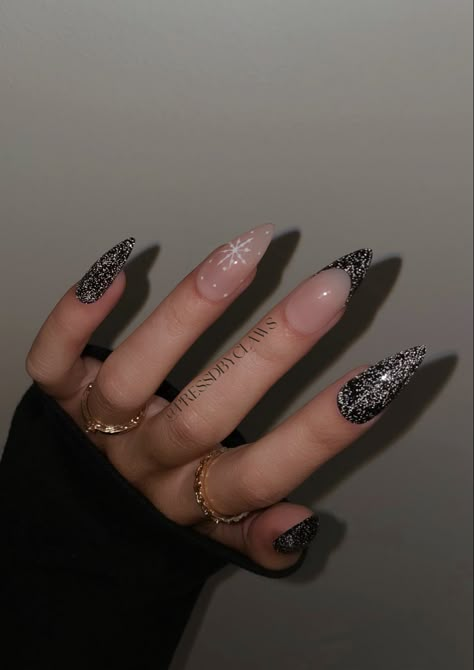 Holiday Acrylic Nails Christmas, Black Christmas Almond Nails, Black French Tip Nails With Snowflakes, Black Reflective Glitter Nails French Tip, Xmas Black Nails, Black Nails For New Years, Black French Tip Nails Christmas, New Years Nude Nails, Night Under The Stars Nails