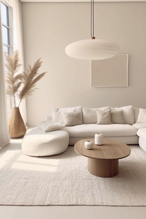 caracteristique decoration zen salon séjour neutre clair et lumineux tapis et sol ton sur ton canapé arrondi et cosy Japandi Living Room, Japandi Living, Beige Living Rooms, 아파트 인테리어, Neutral Living Room, Home Design Living Room, Minimalist Home Decor, Decor Home Living Room, Living Room Inspo