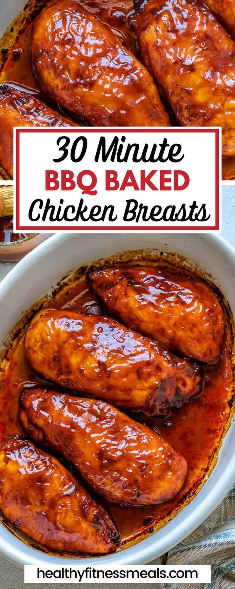 This 30 Minute BBQ Baked Chicken Breasts recipe is a fast and easy dinner. The chicken is covered in a sweet and tangy BBQ sauce, then baked until perfectly juicy and caramelized. You only need a few ingredients and you likely have them on hand already. You can serve this Baked BBQ Chicken Breast with any easy sides you like! For a well-rounded meal, choose a vegetable, healthy grain, and serving of fruit to go with the protein-dense chicken. Bbq Chicken Breast Oven, Chicken Breast Recipes Meal Prep, Bbq Chicken Breast Recipes, Healthy Adult Lunchables, Easy Healthy Chicken Breast Recipes, Baked Bbq Chicken Breast, Chicken Recipes Bbq, Low Cal Chicken Recipes, Bbq Baked Chicken Breast