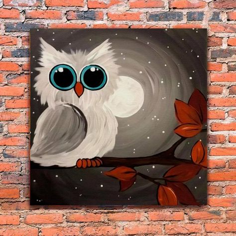 White Owl Painting, Owl Canvas Painting, Pre Drawn Canvas, Owl Night, Cute Easy Paintings, Colorful Canvas Art, Acrylic Art Projects, Owl Canvas, Disney Collage