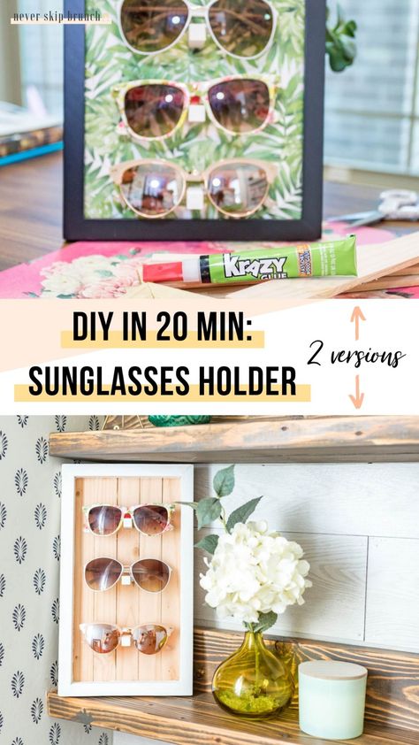 DIY sunglasses holder displays [no power tools] » NEVER SKIP BRUNCH Diy Sunglasses Holder Display, Sunglasses Holder Diy, Diy Sunglasses Holder, Wall Storage Ideas, Sunglass Display, Diy Sunglasses, Diy Glasses, Sunglasses Display, Sunglasses Storage