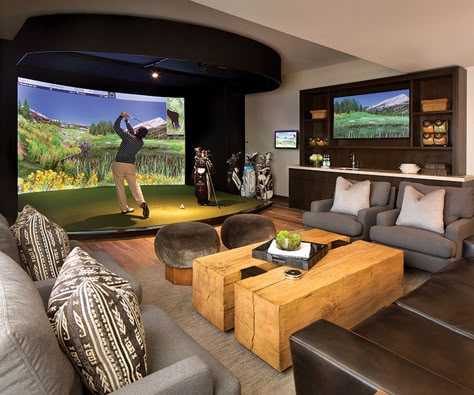 A New Golf Clubhouse at the Yellowstone Club - Mountain Living Golf Man Cave, Golf Bar, Home Golf Simulator, Indoor Golf Simulator, Yellowstone Club, Golf Simulator Room, Clubhouse Design, Golf Clubhouse, Golf Room