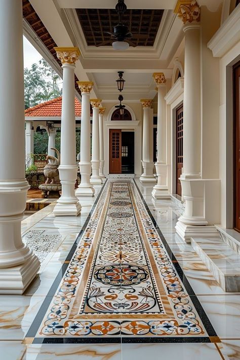 Tiled Verandah, Artistic House, Style Entryway, Castle House Design, House Interior Design Styles, Welcoming Home, Traditional Lamps, Floor Tile Design, Beige Tones