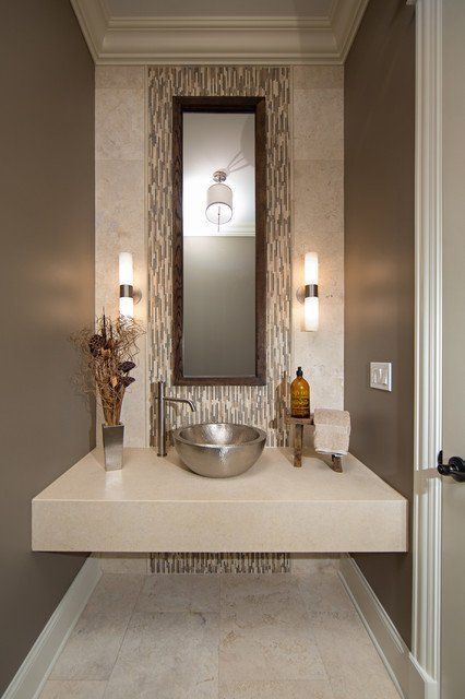 14 Functionally Decorated Contemporary Powder Rooms Half Bathroom Design Ideas, Half Bathroom Design, Half Bath Decor, Powder Room Design Ideas, Small Half Bathroom, Contemporary Powder Room, Modern Powder Rooms, Bathtub Surround, Half Bathroom Decor