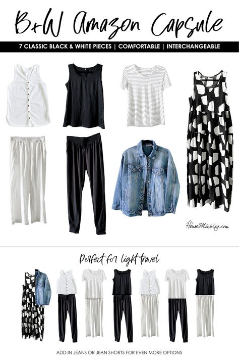 Black And White Capsule Wardrobe, Black And White Wardrobe, Amazon Wardrobe, Black Capsule Wardrobe, Capsule Clothing, Travel Capsule Wardrobe Summer, Packing Hacks, Wardrobe Capsule, Light Travel