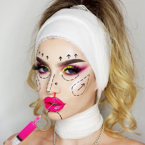 31.6k Likes, 271 Comments - Abby Roberts (@abbyroberts) on Instagram: “💁🏻‍♀️Life in plastic, it’s fantastic 💁🏻‍♀️ Neon plastic surgery inspired by @mykie’s iconic plastic…” Creative Halloween Makeup, Abby Roberts, Creepy Halloween Makeup, Barbie Halloween, Halloween Eye Makeup, Barbie Makeup, Halloween Makeup Scary, Halloween Makeup Inspiration, Makijaż Smokey Eye