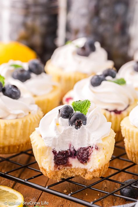 These Mini Lemon Blueberry Cheesecakes are the ultimate bite-sized dessert. The tart lemon, sweet blueberries, and vanilla wafer crust makes these mini cheesecake cupcakes perfect for any occasion. Don't miss out on this incredible treat! Mini Cheesecake Cupcakes, Small Cheesecakes, Cheesecake With Whipped Cream, Mini Lemon Cheesecakes, Vanilla Wafer Crust, Blueberry Cheesecake Recipe, Lemon Blueberry Cheesecake, Vanilla Wafer, Cookie Cake Pie