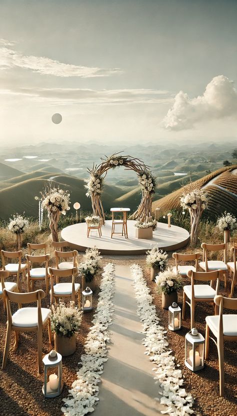 simple and elegant outdoor wedding setup on a picturesque hilltop. 🌄💍✨ Simple Outside Wedding, Outdoor Wedding Setup, Hilltop Wedding, Wedding Aisles, Elegant Outdoor Wedding, Wedding Setup, Outdoor Engagement, Wedding Set Up, Outside Wedding