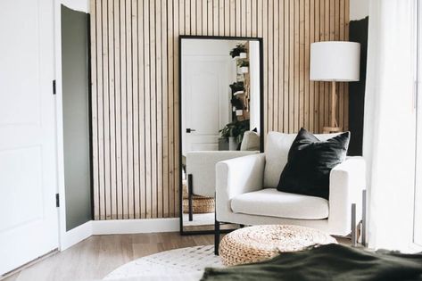 Guest Bedroom Reveal with IKEA - Within the Grove Knockdown Ceiling, Faux Cabinet, Diy Wood Slat Wall, Ceiling Texture, Wood Slat Wall, Rv Makeover, Wood Accent Wall, Fa Fal, Bedroom Accent