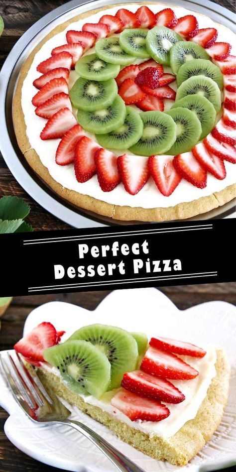 Kiwi Recipes Dessert, Christmas Fruit Pizza, Dessert Pizza Crust, Dessert Pizza Recipe, Recipe With Strawberries, Kiwi Dessert, Strawberry Pizza, Dessert Pizza Recipes, Buttery Sugar Cookies