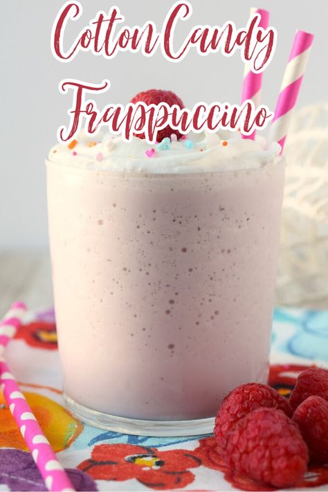 Cotton Candy Frappuccino (Starbucks Copycat) - A caffeine-free frappuccino that tastes just like cotton candy! All you need is a few simple ingredients to make this Starbucks recipe at home! Starbucks Copycat Frappuccino | Frappuccino Recipe | Cotton Candy Frappuccino Cotton Candy Frappuccino, Frappuccino Recipe, Starbucks Frappuccino, Starbucks Copycat, Raspberry Syrup, Homemade Popsicles, Vanilla Bean Ice Cream, Sorbet Recipes, Delicious Drink Recipes