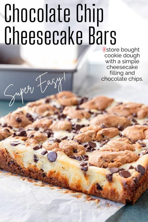 This is a super easy recipe for Chocolate Chip Cheesecake Bars. It starts with a tube of store bought chocolate chip cookie dough, chocolate chips and a super simple homemade cheesecake filling. It is all layered together and baked for 35-40 minutes. Cheesecake Chocolate Chip Cookies, No Bake Triple Chocolate Cheesecake Bars 12 Tomatoes, Chocolate Chip Cream Cheese Bars, Chocolate Chip Cheesecake Bars Easy, Homemade Cheesecake Filling, Easy Chocolate Chip Cheesecake, Cheesecake With Chocolate Chip Cookie Crust, Cheesecake Bars Recipes Easy, Chocolate Chip Cookie Dough Cheesecake Bars