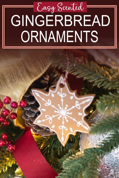 Clay gingerbread ornament hanging with post title overlay. Gingerbread Diy Ornaments, Gingerbread Ornaments Recipe, Diy Gingerbread Ornaments, Apartment Decorating Christmas, Decorating Christmas Tree Ideas, Ornaments Kids Can Make, Diy Xmas Decorations, Crocheted Ornaments, Holiday Ideas Christmas