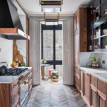 Kitchen Island with La Cornue CornuFe Stove Provence Blue with Chrome - Transitional - Kitchen Galley Kitchen Lighting, Townhouse Kitchen, Teen Room Designs, Small Galley Kitchen, Light Grey Kitchens, Wood Range Hood, Galley Style Kitchen, Herringbone Wood Floor, Herringbone Wood