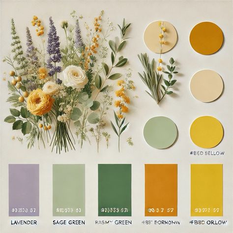 Spring Wedding Green Colour Palettes, Cottagecore Wedding Colors, Wild Flower Wedding Color Palette, Flower Garden Color Palette, Spring Wedding Color Pallet, Wedding Pallet Ideas Colour Schemes Spring, Lavender Wedding Color Palette, Wild Flower Color Pallet, Fairy Wedding Color Palette