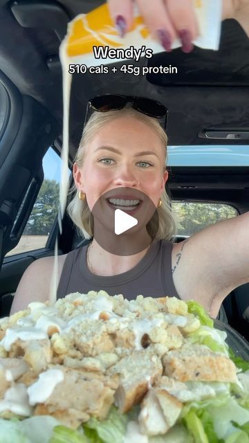 Samantha Milton on Instagram: "Wendy’s Order eating in a calorie deficit🥤✨ (510 cals + 45g protein) Here’s what I ordered:  -Parmesan Chicken Cesar Salad with EXTRA chicken  -1/2 the Cesar dressing packet  -Diet Coke (for the haters)  #wendys #order #lowcal #highprotein #menu #hack #weightloss #pcos #pcosweightloss #journey #cesar #salad #grilled #chicken #crouton #dressing #eat  #car #healthy #balance" Shredded Chicken Recipes Low Calorie, Chicken Caesar Salad Nachos, High Protein Chicken Caesar Salad, Low Carb Chicken Caesar Salad, Chicken Crust Cesar Salad Pizza, Keto Ceaser Chicken Salad, Salad Grilled Chicken, Chicken Cesar, Cesar Dressing