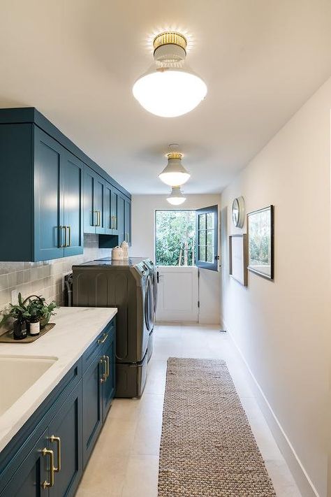 Blue Floor Laundry Room, Laundry Room Coastal, Small Space Laundry Room, Small Space Laundry, Cottage Laundry, Cottage Laundry Room, Narrow Laundry, Transitional Laundry Room, Grey Laundry Rooms