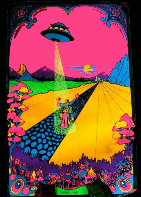 Flying Saucer about to beam up a Hippie. Vintage Psychedelic 1971 Black Light POSTER. Art by Miilian Marriot, named "Hitchin a Ride" Hippy Art, Trippy Posters, Blacklight Posters, Punk Poster, Black Light Posters, Vivid Dreams, Little Shop Of Horrors, Flying Saucer, Vintage Poster Art