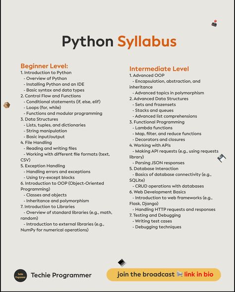 📚 Complete Python Syllabus for Beginners to Advanced 🐍 Master Python programming with our detailed syllabus! Learn everything from basic syntax to advanced topics like web development, data analysis, and machine learning. Whether you’re just starting or aiming to refine your skills, this Python roadmap will guide you to success. 🚀 #python #learnpython #pythonprogramming #coding #developer #datascience #machinelearning #programmingtips #webdevelopment Python For Data Analysis, Python Roadmap For Beginners, Python Syllabus, Python Roadmap, Python Notes, Python Basics, Notes Inspiration, Data Structures, Python Programming