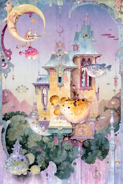 Daniel Merriam – The Golden Ticket – Beautiful Bizarre Magazine Daniel Merriam, Illustration Kunst, Castle In The Sky, 캐릭터 드로잉, A Castle, Pop Surrealism, Arte Popular, Art And Illustration, 판타지 아트