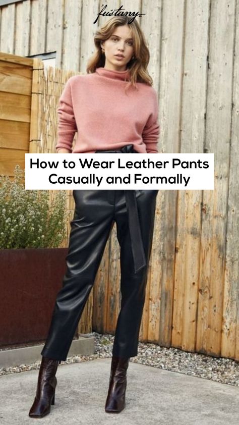 Semi Formal Leather Pants Outfit, Gap Faux Leather Pants, Coated Black Pants Outfit, Leather Joggers Outfit Work, Leather Trousers Work Outfit, Leather Drawstring Pants Outfit, Leather Pant Looks, Pleated Leather Pants Outfit, How To Style Black Leather Pants Dressy