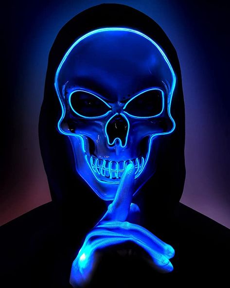 Glow In The Dark Skeleton Costume, Led Mask Halloween Costumes, Glow In The Dark Costume Ideas, Scary Boys Halloween Costumes, Cool Masks Dark, Scary Mask Design, Halloween Costumes With Masks, Hacker Mask, Cool Halloween Masks