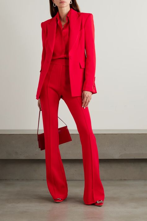 Red Pantsuit, Tuxedo Styles, Suit Combinations, Fitted Blazer Jacket, Crepe Blazer, Alex Perry, Glamorous Dresses, Red Pants, Stretch Crepe