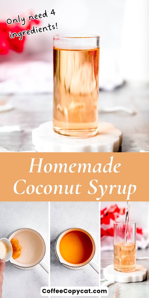 Homemade Coconut Syrup - coffeecopycat.com Homemade Coffee Syrup, Coffee Popsicles, Drink Syrups, Coconut Syrup, Coconut Drinks, Homemade Syrup, Coconut Coffee, Homemade Coffee, Coffee Syrup