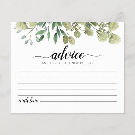 $ 1.3 | Advice for the New Parents Card Baby Shower party - shower, baby shower, mom-to-be, mommy-to-be, pregnancy, greenery, watercolor green leaves, advice card, advice, new parents Baby Shower Advice Cards, Baby Shower Advice, Baby Q, Simple Baby Shower, Watercolor Greenery, Baby Shower Inspiration, Baby Advice, Advice Cards, Baby Shower Cards