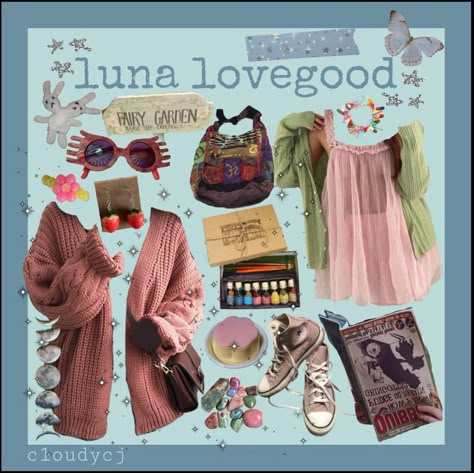 luna lovegood, harry potter, modern happy potter, modern luna lovegood, luna lovegood aesthetic, harry potter aesthetic, fairycore Luna Lovegood Inspired Nails, Luna Lovegood Costume Ideas, Luna Lovegood Bedroom, Luna Lovegood Outfits Aesthetic, Luna Love Good Costume, Pandora Lovegood Outfit, Luna Lovegood Diy Costume, Luna Lovegood Moodboard, Luna Lovegood Nails