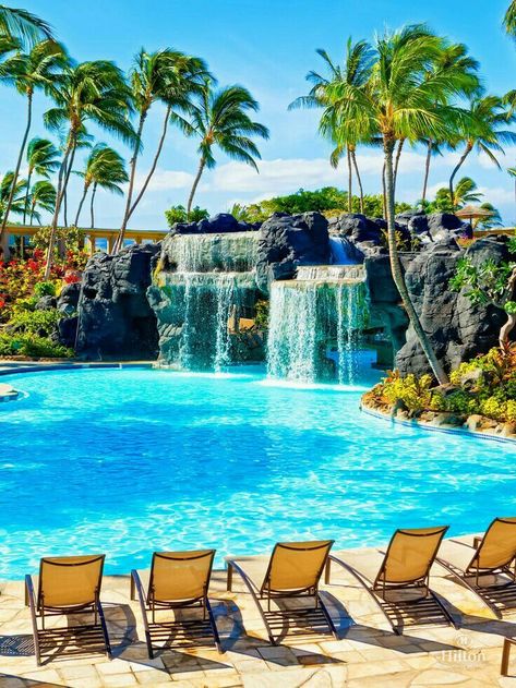 Swim under the waterfall to reach the water slide and whirlpool at Kona Pool at the Hilton Waikoloa Village in Hawaii Lazy Pool, Hilton Waikoloa Village, Amazing Pools, Waikoloa Village, Pond Pool, Dream Backyard Pool, Luxury Swimming Pools, Aloha Friday, Pool Waterfall