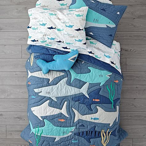 Shark Throw Pillow + Reviews | Crate and Barrel Shark Bedroom, Shark Quilt, Shark Bedding, Shark Room, Shark Decor, Shark Bait, Boy Bedroom, Big Boy Room, House Renovation