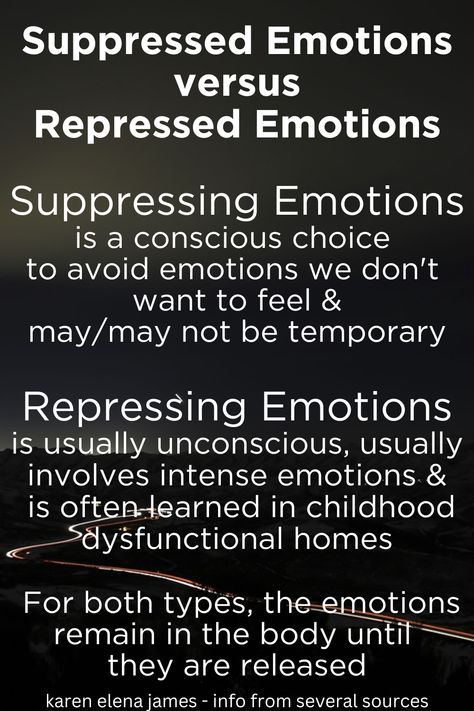 suppressing emotions is conscious, repressing emotions is unconscious Suppressing Emotions, Repressed Memories, Repressed Emotions, Suppressed Emotions, Psychic Development Learning, Emotional Blackmail, Psychology Notes, Cognitive Therapy, Healing Spirituality