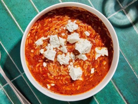 Feta Soup, Tomato Orzo, Baked Feta Pasta, Baked Penne, Homemade Flatbread, Onion Tart, Pancake Recipe Buttermilk, Baked Feta, Grilled Halloumi