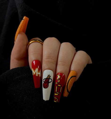 LETS GO @miamiheat 🔥🏀 @heat - - Products from @modelones & @rosalindnailpolish - -#miamiheat#miamiheatnails #customnails #nailart #basketballnails #pressonnails #sophisticuticlestudios Basketball Nails, Heat Basketball, Acrylic Press On Nails, Miami Heat, Nail File, Glue On Nails, Makeup Cosmetics, Press On Nails, The Heat