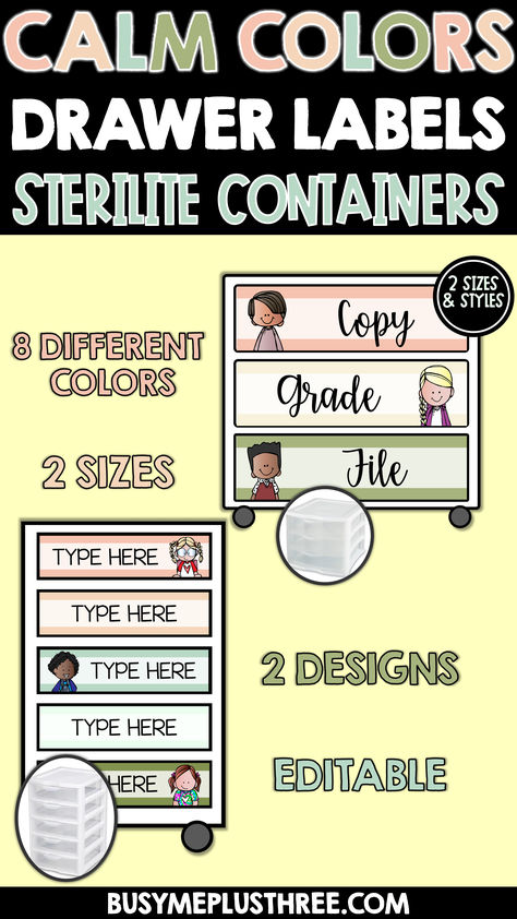 Who doesn't love being organized? This is a great set of CALM Sterilite drawer labels that are EDITABLE! These come in two sizes and two designs. They are available with Melonheadz kids or without. These fit the regular paper size Sterilite 3 drawer containers (13 1/2" X 11") and the small 3 drawer or 5 drawer containers (8.5" X 7 1/4"). There are 92 different large labels to choose from and 120 different small labels to choose from! Sterilite Drawer Labels, Calm Colors, Being Organized, Drawer Labels, New Teachers, 3 Drawer, 3rd Grade, Second Grade, Classroom Decor