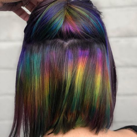 Holo Hair Color, Peekaboo Hair Color Short, Holographic Peekaboo Hair, Peakaboo Dye Hair, Holographic Hair Peekaboo, Rainbow Peekaboo Hair Dark Brown, Rainbow Peekaboo Hair, Prism Hair, Rainbow Underneath Hair