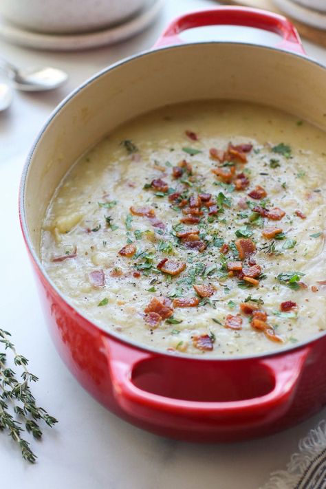 Potato And Leak Soup, Leek And Bacon Soup, Creamy Potato Leek Soup, Leeks Soup Recipes, Soup With Bacon, Potato Bacon Soup, Real Food Dietitians, Leek Recipes, Potato Soup Easy