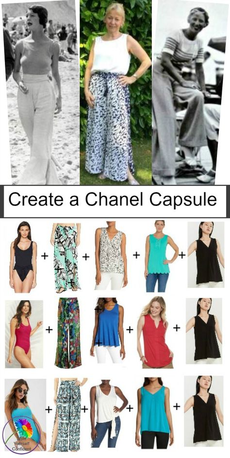 Create a mini Chanel capsule with wide legged pants and a swimsuit...  #chanel capsule #wide legged pants Swimsuit Chanel, Mini Chanel, Capsule Wardrobe Planning, Wide Legged Pants, Wardrobe Planning, Capsule Wardrobe, Leg Pants, Wide Leg Pants, Favorite Outfit