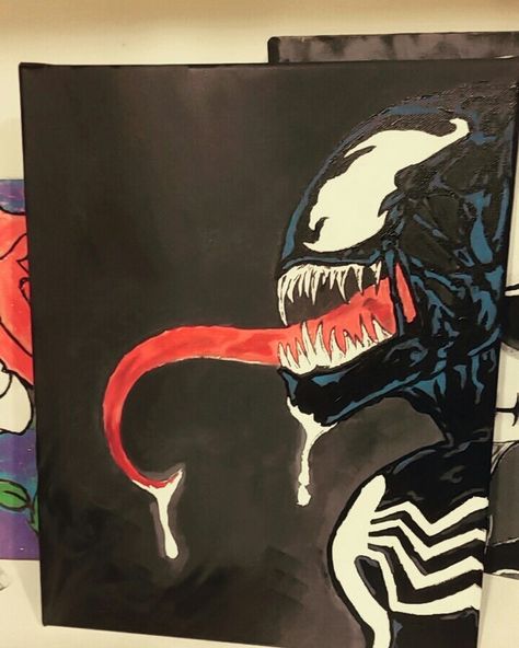 Venom painting on canvas. Venom Painting, Avengers Painting, Marvel Canvas, Spiderman Painting, Marvel Paintings, Cute Canvas Paintings, Canvas Drawings, Abstract Art Painting Diy, Canvas Painting Designs