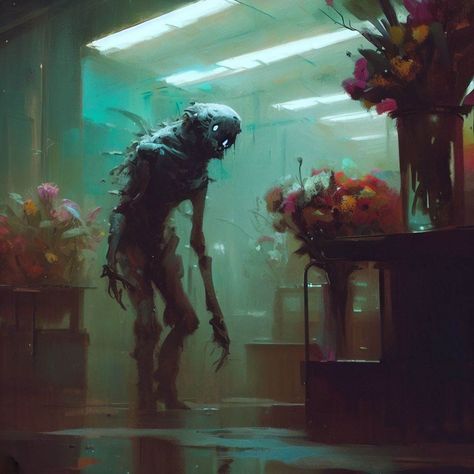 End of the world - A sci-fi art a painting of a zombie in a flower shop, concept art by Simon Stalenhag, featured on tumblr, neo-primitivism, dystopian art, art on instagram, concept art Simon Stalenhag Art, Flower Shop Concept, Biopunk Art, Flower Zombie, Shop Concept Art, Simon Stalenhag, Dystopian Art, Zombie Game, Instagram Concept