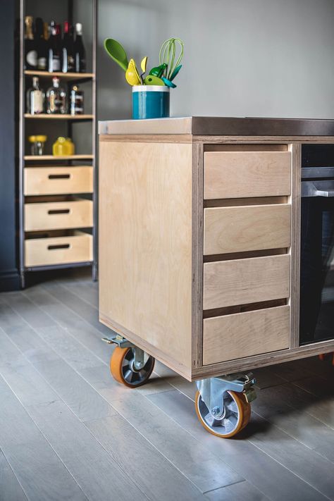 Pegboard Plywood Kitchen with industrial movable island on yellow castors Kitchen Layout Ideas With Island, Sustainable Kitchen Design, Pegboard Kitchen, Kitchen Island Storage, Plywood Kitchen, Modern Kitchen Island, Sustainable Kitchen, Oak Shelves, Diy Kitchen Island