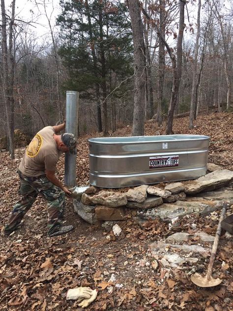 Our rocket stove hot tub — Steemit Galvanized Hot Tub, Galvanized Stock Tank Hot Tub Ideas, Rocket Stove Hot Tub, Homemade Hot Tub, Natural Hot Tub, Hillbilly Hot Tub, Rustic Hot Tubs, Stock Tank Hot Tub, Galvanized Stock Tank