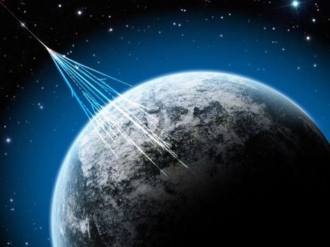 Artist's concept of cosmic rays striking Earth's atmosphere and creating a shower of secondary particles.  Researchers on Earth observe the secondary particles in order to study cosmic rays, which cannot penetrate Earth's atmosphere.  Image via J. Yang / NSF Astronomy Terms, Cosmic Rays, Refracting Telescope, Space Photography, Earth Atmosphere, Hubble Space, Cosmic Energy, Physicists, Hubble Space Telescope