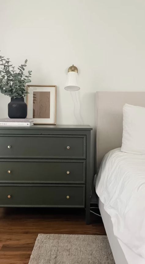 Bedrooms With Green Furniture, Bedroom Green Nightstand, Dresser Night Stand, Dressers As Bedside Tables, Dresser Bedside Table Ideas, Dark Green Nightstands, Side Table Dresser, Green Nightstand Bedroom Ideas, Nightstand Paint Colors