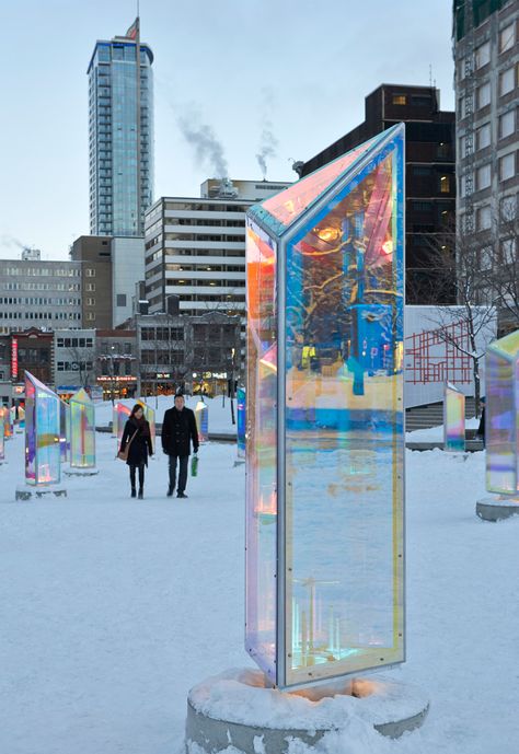 visitors to the downtown district are invited to experience 'prismatica', a public art installation by toronto-based architectural firm RAW. Glass Art Installation, Downtown Montreal, Light Art Installation, Street Installation, Wayfinding Design, Interactive Installation, Art Installation, Montreal Canada, French Language