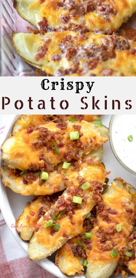 Loaded Potato Skins Recipe, Loaded Baked Potato Skins, Potato Skins Appetizer, Potato Skins Recipe, Potatoes Loaded, Crispy Potato Skins, Potatoe Skins Recipe, Baked Potato Skins, Healthy Cheese