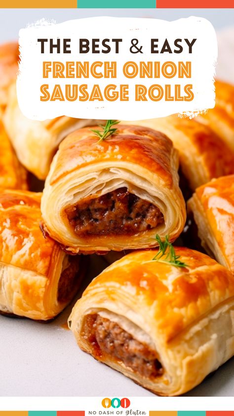 French Onion Sausage Rolls Recipe, Pork Sausage Rolls Puff Pastries, Sausage Pastry Rolls, Savoury Rolls Recipe, Unique Sausage Recipes, Mini Sausage Rolls Puff Pastries, Pastry Rolls, Pork In Puff Pastry, French Onion Sausage Rolls