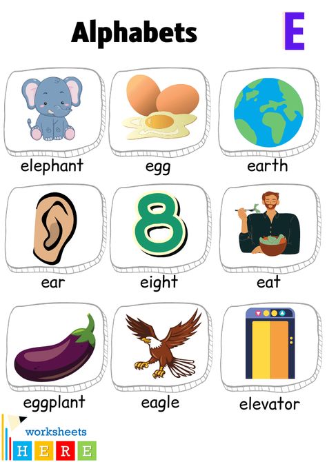 Alphabet E Words with Pictures, Letter E Vocabulary with Pictures - WorksheetsHere.com E Words Preschool, E Is For, E Words For Kids, Letter A Words, Alphabet E, Words List, Preschool Letter, Alphabet Words, E Words